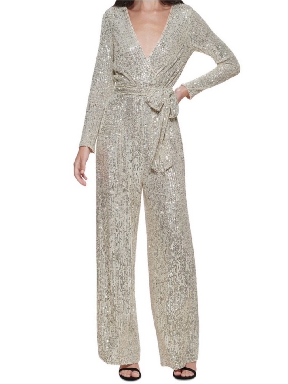 Eliza J Sequin Wrap Long-Sleeve V neck Jumpsuit in Champagne silver size 14